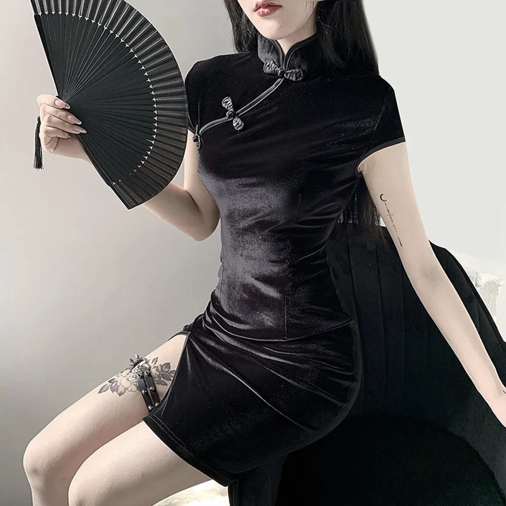 Ženske Retro Goth Temno Letnik Cheongsam Velet Mini Obleko Elegantno Seksi Kitajski Stil Gotike Solid Black Stranka Obleko Qipao