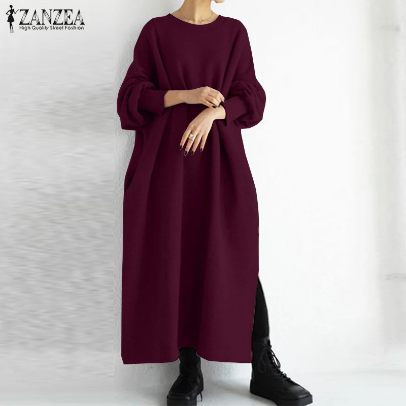 ZANZEA Split Priložnostne Sweatshirts Maxi Vestidos Moda za Ženske Hoodies Obleko O Ženski Vratu Haljo Puff Rokav Puloverji Plus Velikost
