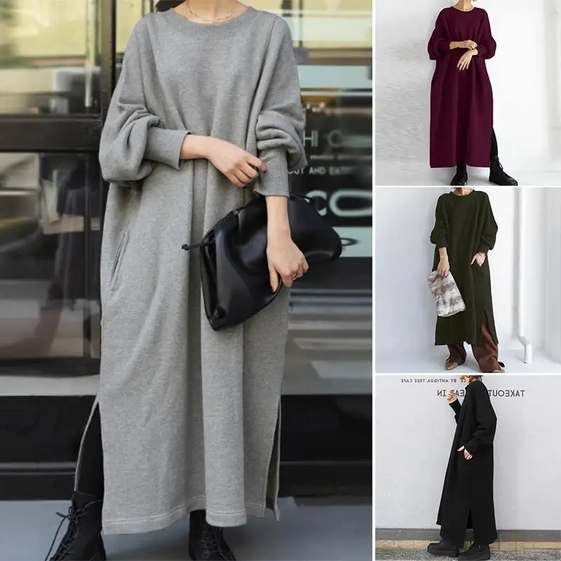 ZANZEA Split Priložnostne Sweatshirts Maxi Vestidos Moda za Ženske Hoodies Obleko O Ženski Vratu Haljo Puff Rokav Puloverji Plus Velikost