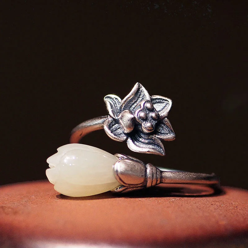 Naravni Hetian magnolija cvet lotus odpiranje nastavljiv prstan Kitajski retro slogu Bohemian elegantno čar srebrni nakit