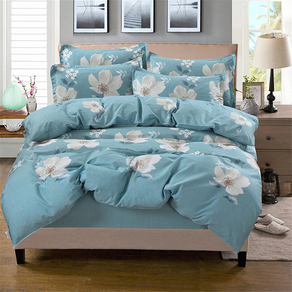 Lepa pomlad modro beli Cvetovi postelja opremljena Posteljnina Nabor bombaž Mehke Rjuhe Kritje Twin Polno Kraljica Kralj Velikost Aktivne tiskanje 4pc