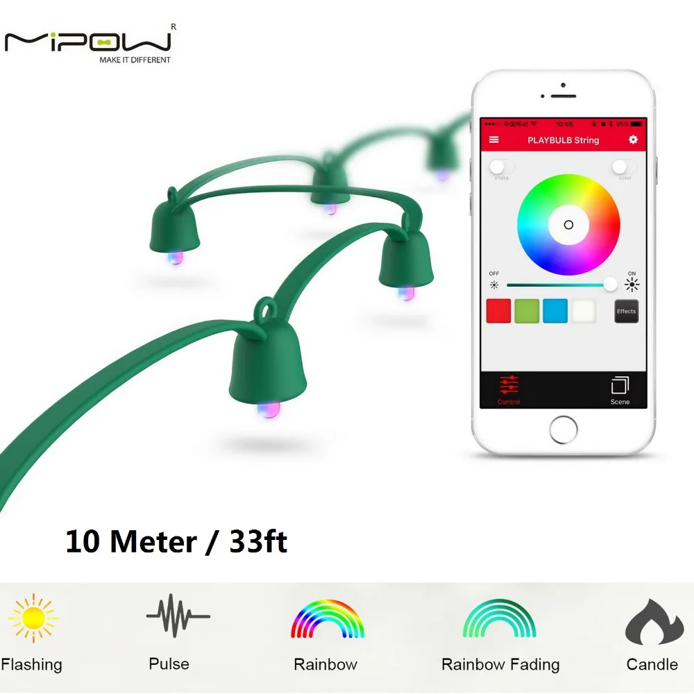 MIPOW PLAYBULB 10m Smart Niz Svetlobo na Prostem Božič Luči vodoodporna LED Vrv Svetlobe App Nadzor