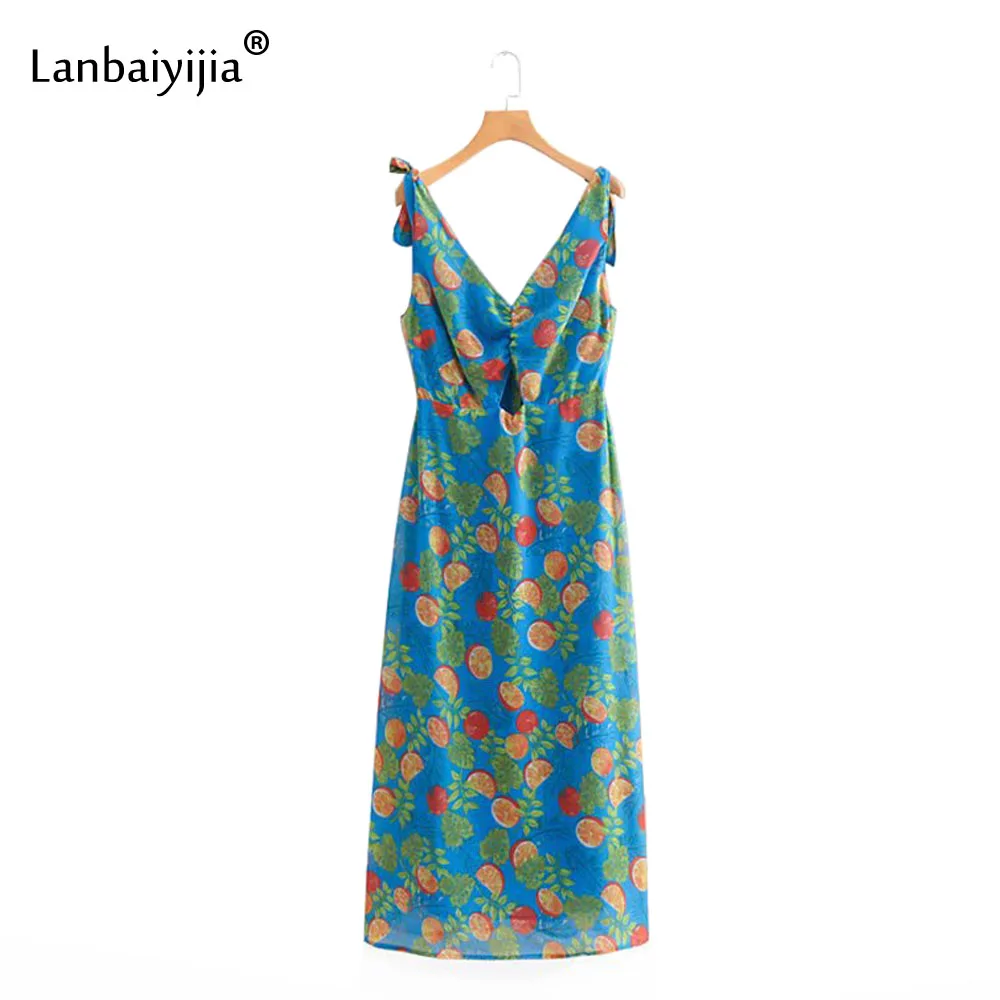 Lanbaiyijia Novo Boemski Stil Globoko V-Neck Cvetlični Oranžna Tiskanja: Špageti Trak Obleko brez Rokavov Modre ženske obleke poletne obleke