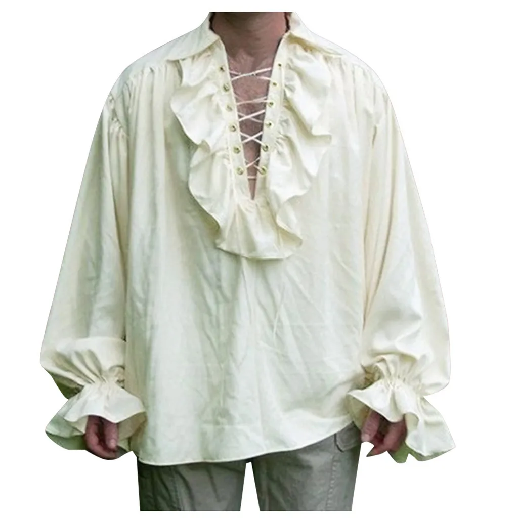 Moški srednjeveški Long Sleeve Majica Gothic Larp Viking Cosplay Kostum Vrh Letnik Princes belo Srajco Fazi opravljanju obleko
