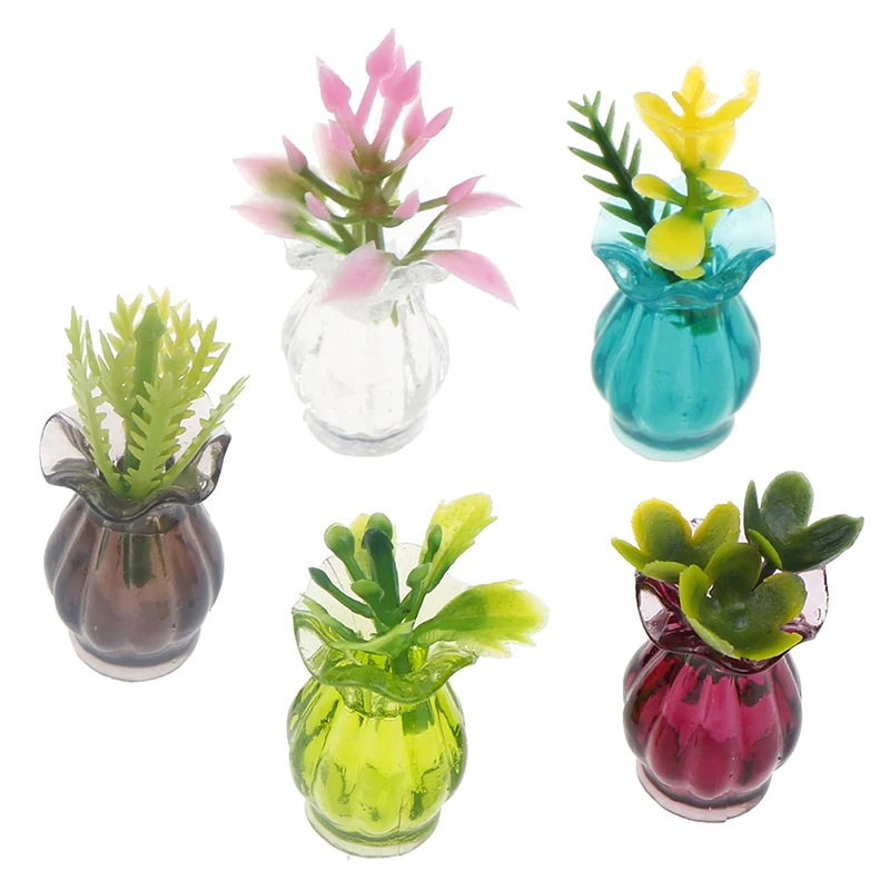 5pcs Lutke Miniature 1:12 Pisane Mini Keramični Lonec DIY Ročno Lutka House Kuhinja Keramika Decals vaza+cvet~