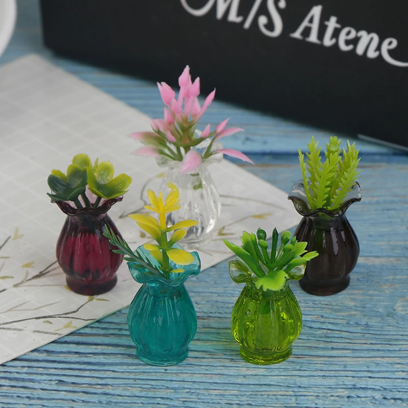 5pcs Lutke Miniature 1:12 Pisane Mini Keramični Lonec DIY Ročno Lutka House Kuhinja Keramika Decals vaza+cvet~