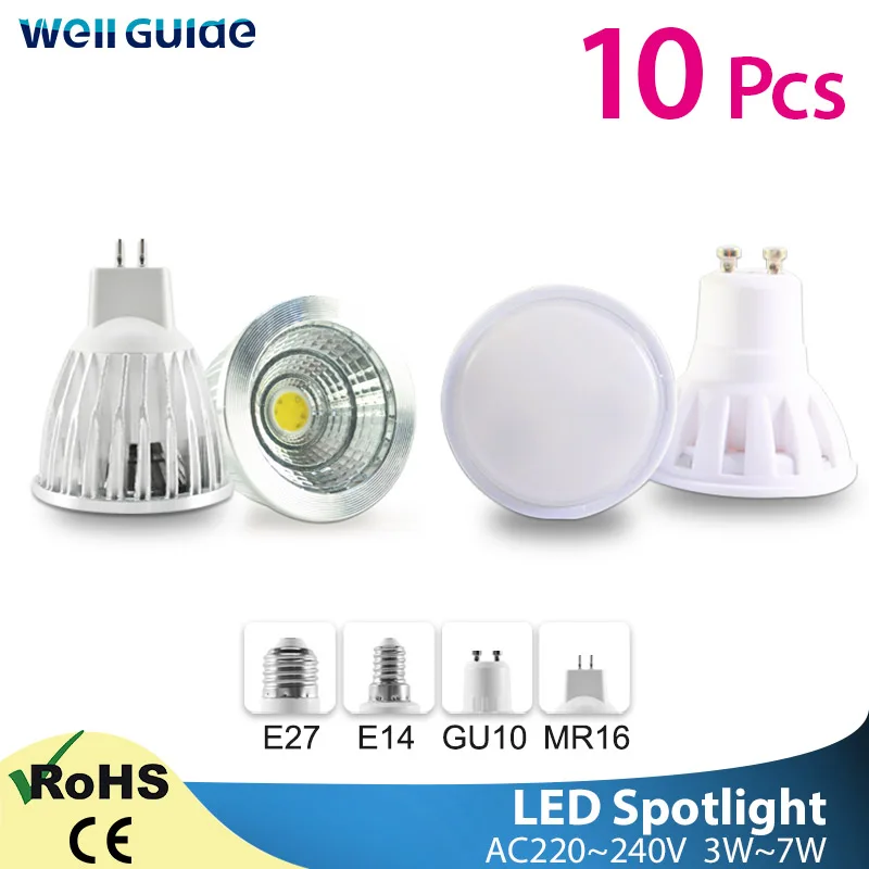 10pcs LED Spot Žarnica Žarnica MR16 GU10 E27 E14 LED Žarometi, AC 220V 3W 5W 6W 7W Lampada aluminija COB SMD led žarnice za Varčevanje z Energijo