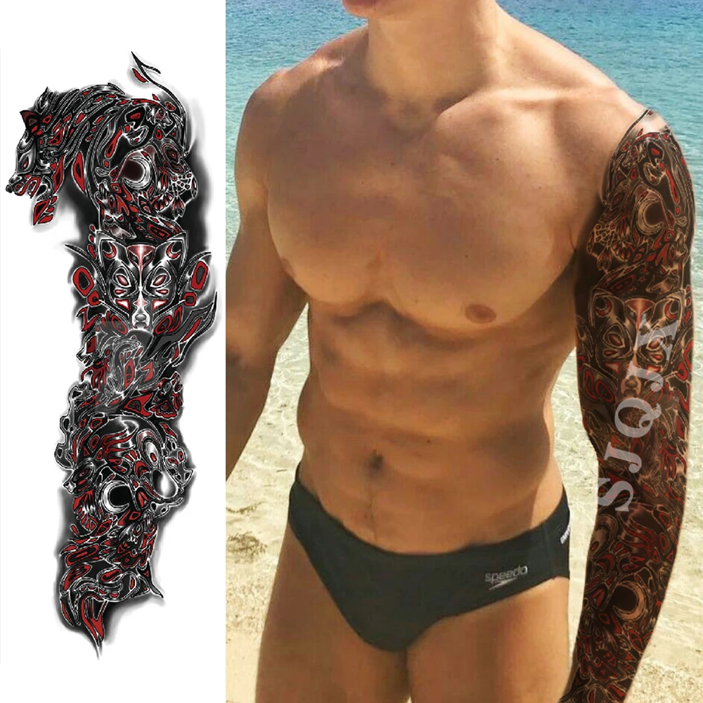 Akvarel začasni tattoo nalepke Rdeče rose lobanje Polno roko nepremočljiva tatoo Lev, tiger demon Velike polno roko rokav tatoo