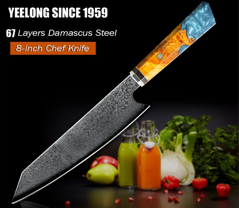 8inch vg10 damask jekla kuhar nož ZDA 7 plasti iz Nerjavečega jekla 440C leseni ročaj kuhinjski nož Gyuto edinstven vzorec rezilo