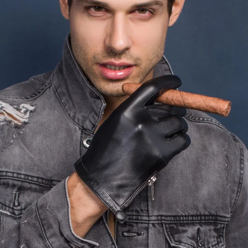 Oddaljena Prave moške usnjene rokavice kratek tesen fit slog vožnje pozimi rokavice goatskin Zaslon na Dotik strani zip z gumbom