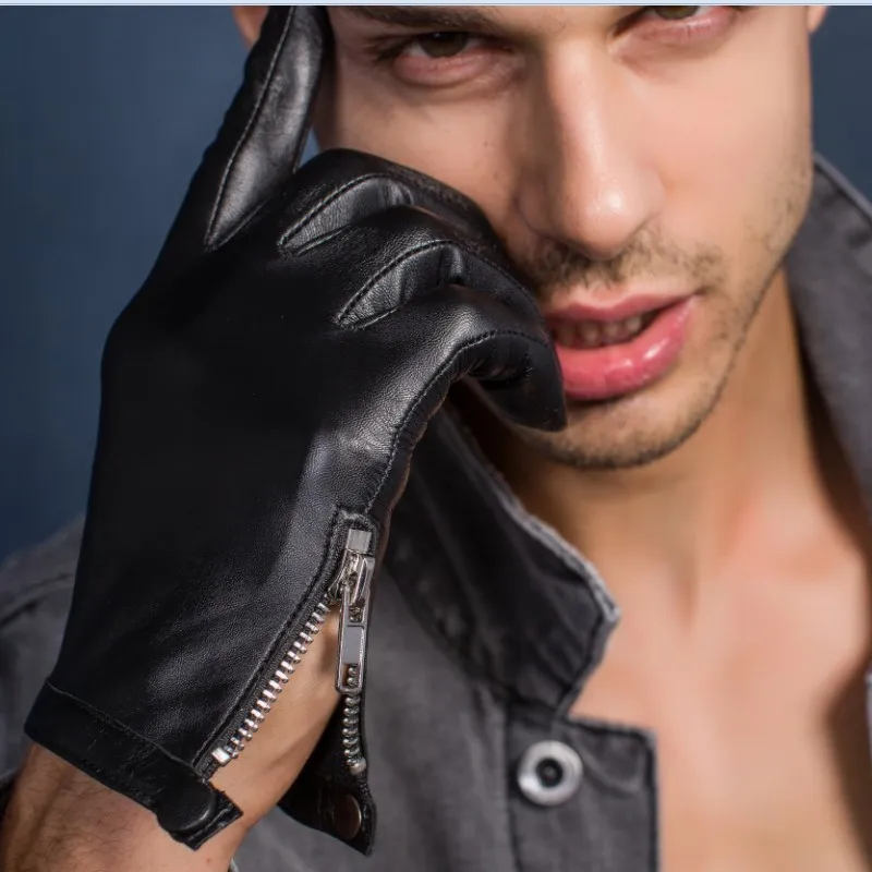 Oddaljena Prave moške usnjene rokavice kratek tesen fit slog vožnje pozimi rokavice goatskin Zaslon na Dotik strani zip z gumbom