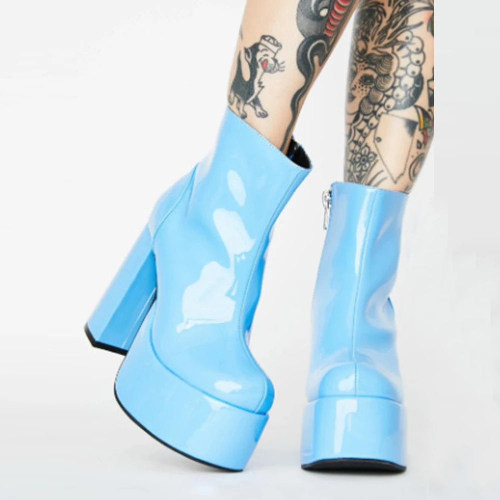 RIBETRINI Ženske Blok Pete Zadrgo Candy Barve Modni Čevlji Krog Toe Platforma Gleženj Ženske Škornji Punk Zimski Škornji