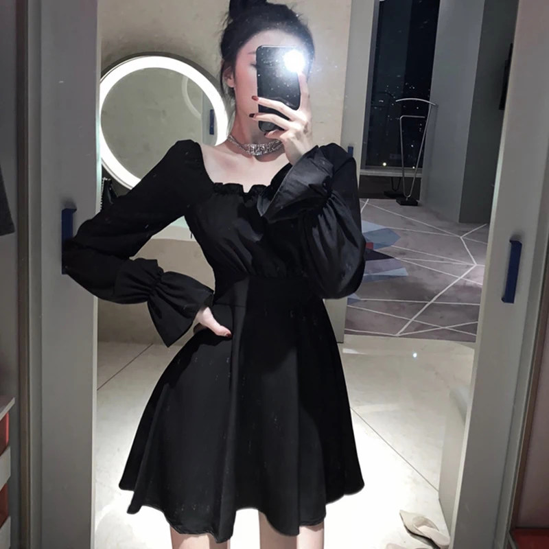 Backless Obleka Ženske Long Sleeve Vintage Čipke-up Gothic 2020 Poletje Kvadratnih Ovratnik Stranka Seksi Mini Obleke Plus velikost 4XL Vestidos