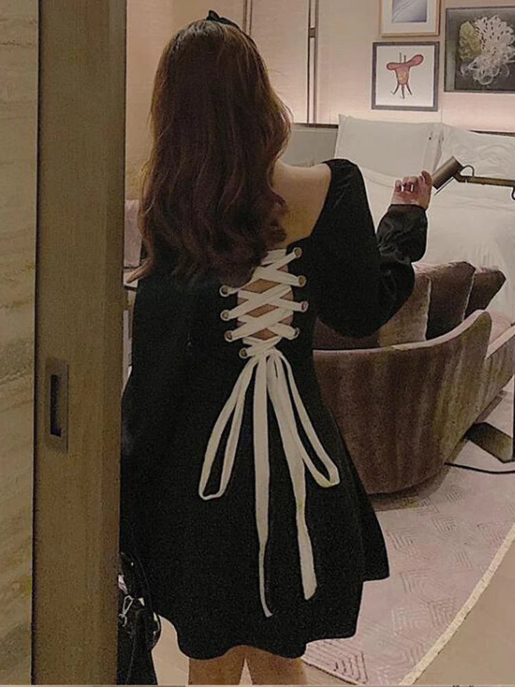 Backless Obleka Ženske Long Sleeve Vintage Čipke-up Gothic 2020 Poletje Kvadratnih Ovratnik Stranka Seksi Mini Obleke Plus velikost 4XL Vestidos