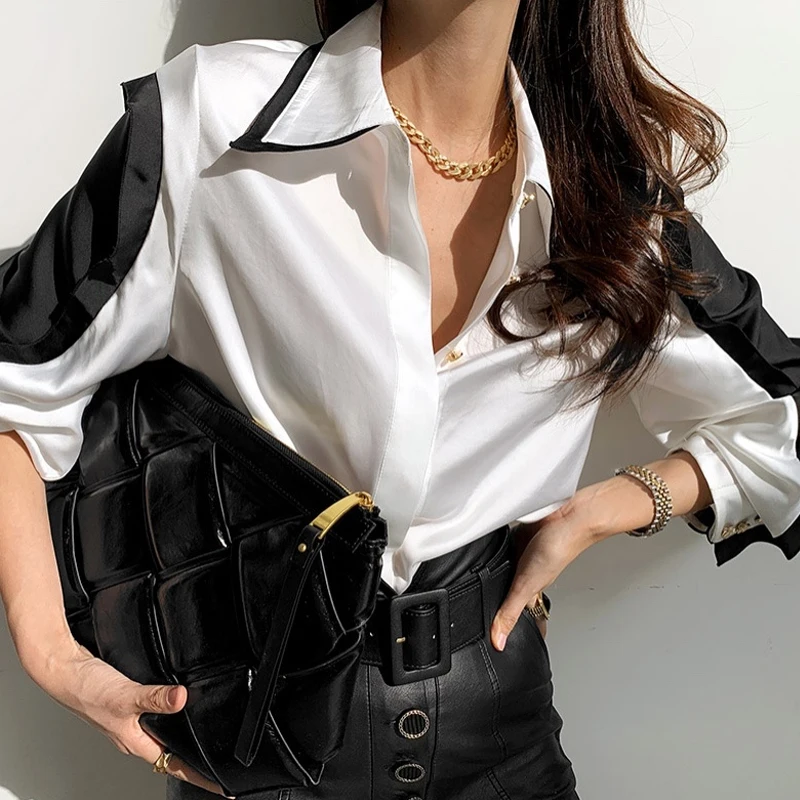 2021 Spomladi Nova Moda Belo Bluzo Ženske Saten Svila Srajce Korejskem Slogu Urad Dama Gumb Dolg Rokav Ženska Oblačila 12724