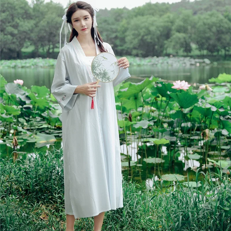 Kitajski Slog Bombaž 2-Kos Haljo Kompleti Za Ženske Letnik Vezene Nightdress Princesa Dolgo Sleepwear Domov Oblačila 8097