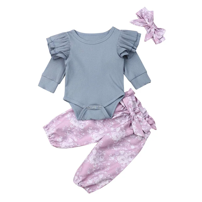 3Piece/Pomlad Obleke Newborn Baby Dekleta Obleke z Dolgimi Rokavi Bombaž Bodysuits+Cvetje Hlače+Glavo za Malčke Kompleti Oblačil BC1096