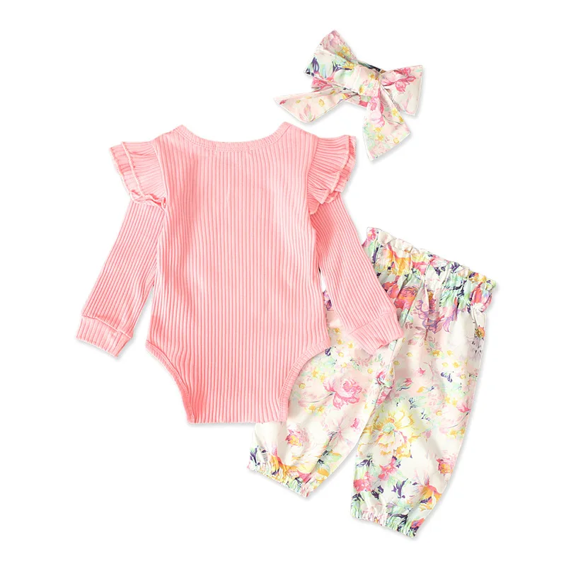3Piece/Pomlad Obleke Newborn Baby Dekleta Obleke z Dolgimi Rokavi Bombaž Bodysuits+Cvetje Hlače+Glavo za Malčke Kompleti Oblačil BC1096