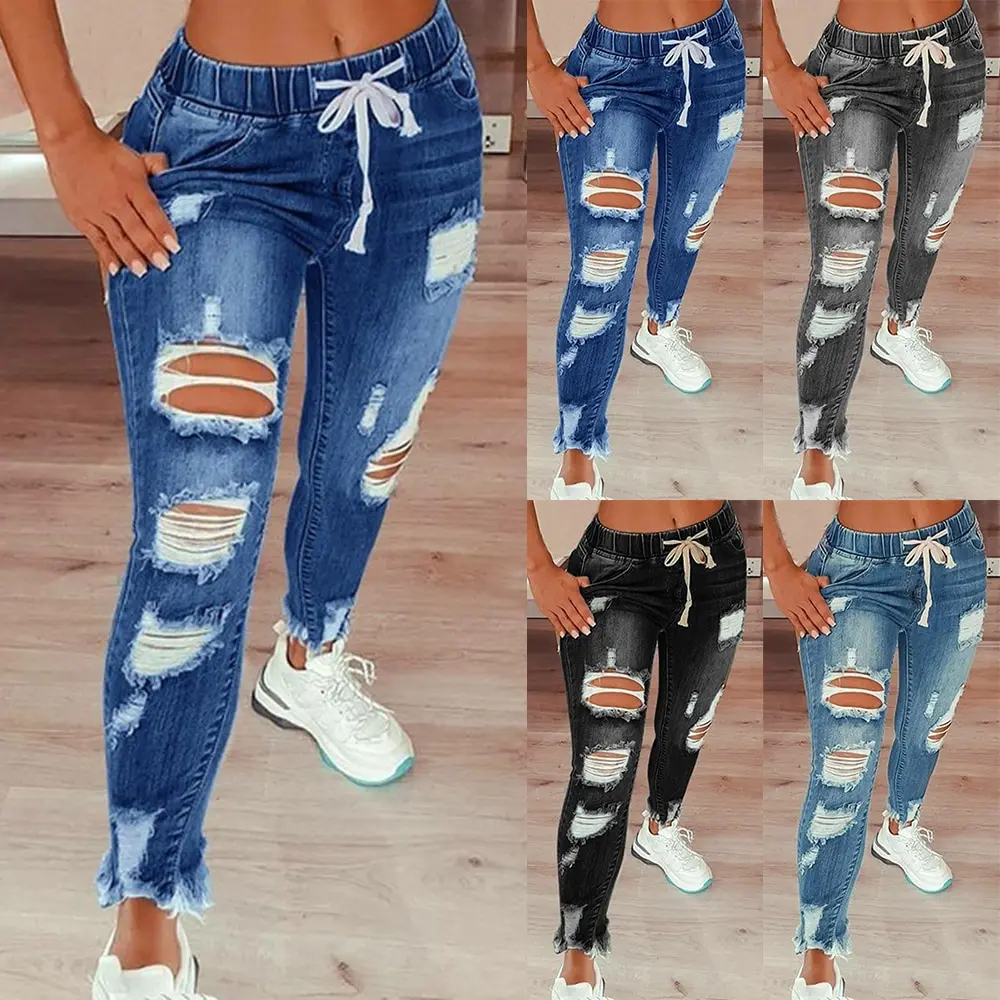 Vrvico Denim Jeans Za Ženske Raztrgala Luknjo Stretch Jean Dame Plus Velikost Celotno Dolžino Svinčnika Hlače