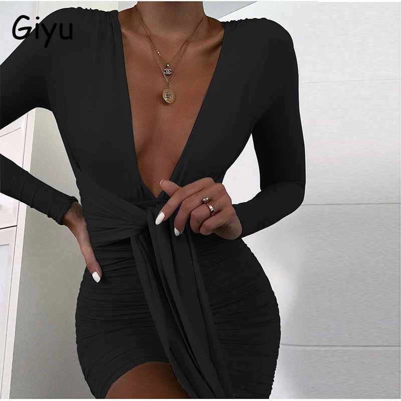 Giyu Klub Stranka Obleko Ženske Seksi Bodycon 2020 Jeseni, Pozimi Globoko V Vratu Ruched Mini Obleke Draped Povoj Elegantno Vestidos