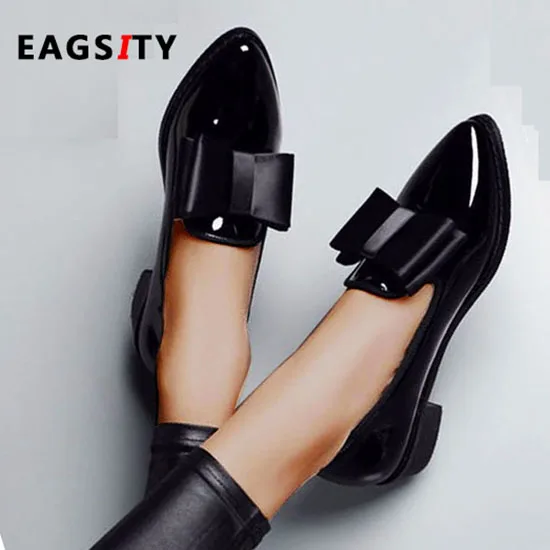 EAGSITY Lakasto usnje loafers za ženske čevlje blok pete konicami prstov zdrsne na čevlji dame oblačenja urad kariero velikosti 43