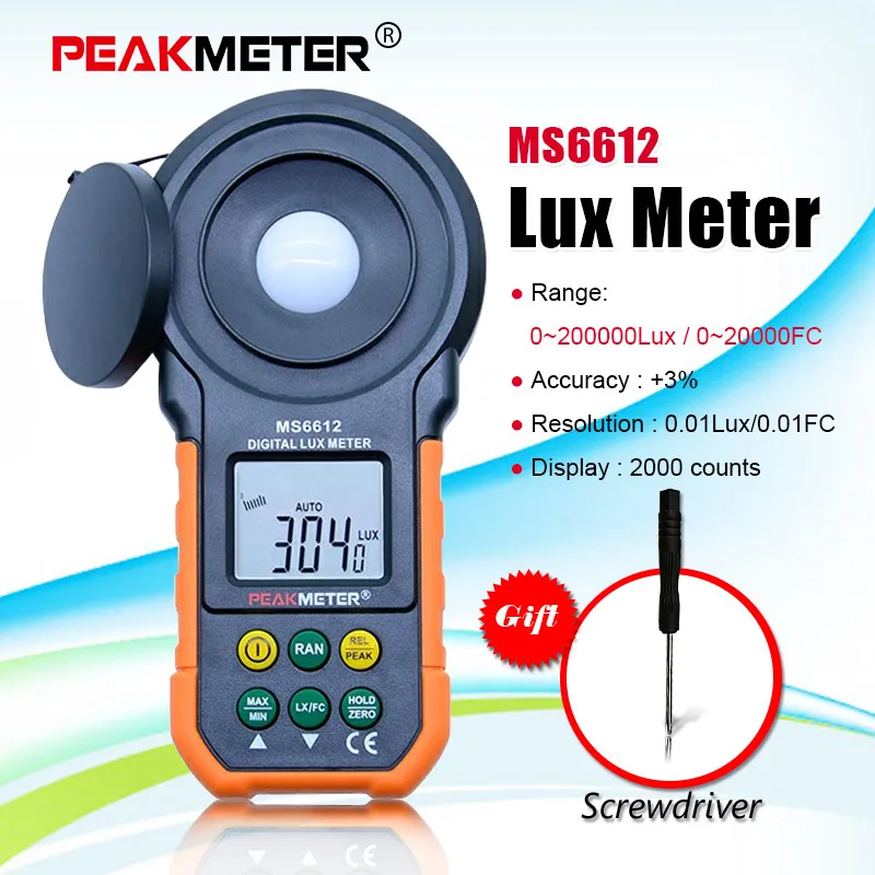 PEAKMETER MS6612 Digitalni Luxmeter 200,000 Lux Luč Meter Test Spektri Auto Obseg Vroče po vsem Svetu Svetlobe Merjenje Osvetljenosti+Darilo