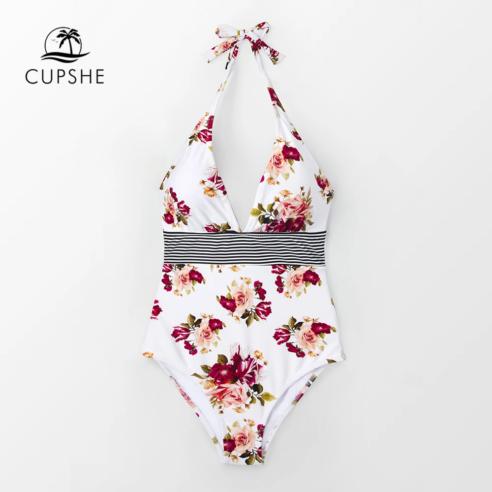 CUPSHE Cvjetnim Tiskanja Povodcem enodelne Kopalke Ženske Seksi Vezane Nazaj Lok Monokini 2021 Dekle na Plaži, Kopalne Obleke, kopalke