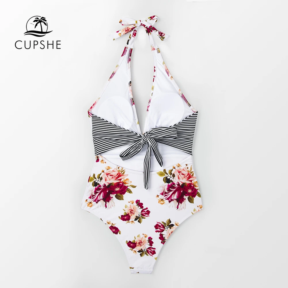 CUPSHE Cvjetnim Tiskanja Povodcem enodelne Kopalke Ženske Seksi Vezane Nazaj Lok Monokini 2021 Dekle na Plaži, Kopalne Obleke, kopalke