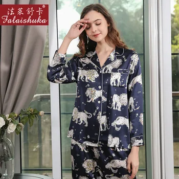 19 momme pristen svileno pižamo določa ženske sleepwear korejski Elegantno črno moda lev čiste svile ženske pižame T8255