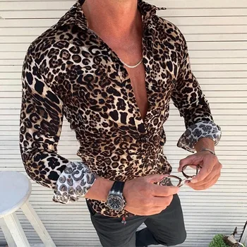 2019 Moda za Moške Priložnostne Dolg Rokav Leopard Natisnjeni Zavoj navzdol Ovratnik Shirt Priložnostne Slim Fit Stilsko Mens Majice Vrhovi