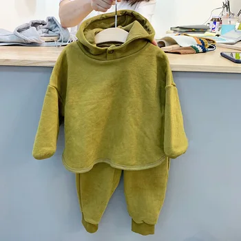2020 Jeseni korejski otroška Oblačila Nove Fante in Dekleta Modni Preprost Gumb Kapičastih Pulover Hoodie Obleko