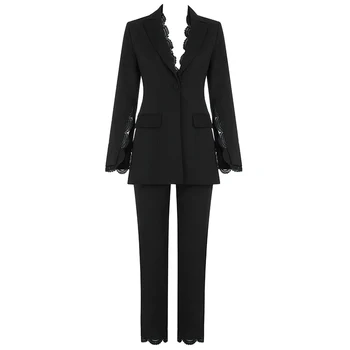 2020 modi nove OL belo obleko za ženske dvodelne seksi river čipke odprite split dolg rokav en gumb žep plašč in obleko hlače