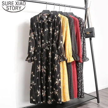 2021 Novi Korejski Dolgo Oplaščeni Tiskanja Nabrano Obleko Modne Cvetlični Letnik Elegantna Oblačila Pomlad Lady Šifon Obleko 8538 50