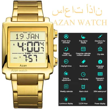 Arabski Človek Qibla watch 3atm Nepremočljiva Krog Zlitine luksuzni Digitalni Šport Multi-funkcijo Muslimanskih Azan Watch