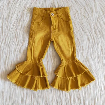 Baby Dekleta Traper Oranžna Rumena Dvojno Čipke Bell Dnu Hlače Otroci Boutique Modi Otrok Malčka Jeans Hlače Oblačila