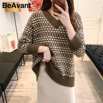 BeAvant Moda geometrijske debel pulover V-neck ženske jesensko zimski Pulover za Prosti čas Urad dama moda pleteni pulover 2020