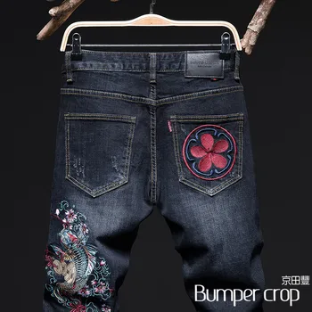 BUMPERCROP vezenje Ribe hip hop kavbojke moški oblačila redni brezalkoholnih denim ulične cvet kavbojke Japonske modre hlače 2020 kavbojke