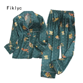 Fiklyc perilo dveh kosov žensk pomlad saten umetno svileno pižamo določa priložnostne more domov oblačila z dolgimi rokavi moda