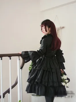 Gothic Noč Lolita Črna trobenta rokavi dekliška sladko srčkan Čudež Nikki Retro palace Lolita črne Obleke Stranka obleko
