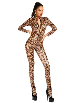 Lateks polno bodysuit PU Elegantno Leopard Tiskanja Umetno Usnje Jumpsuit PVC DS Pole dance Catsuit Clubwear Ženske Odprite Mednožje Bodysuit