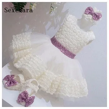 Lepe Bele/slonokoščena čipke 3D cvetje baby dekleta 1 leto, rojstni dan obleke roža punca obleke oblačila z sequined lok