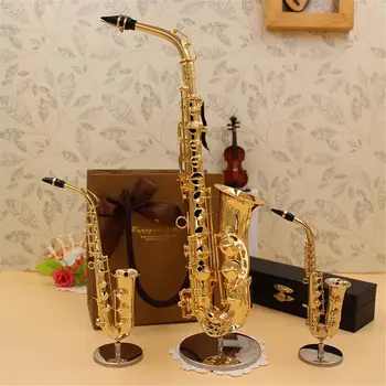 Mini Saksofon Model Glasbila Baker Broška Miniaturni Desk Dekor Zaslon Sax Zlato Barvo Žep Sax Alto z Nosilcem