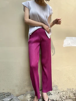 Miyake naguban hlače ženske sodijo oblačila Nove barve poletje korejski visoko pasu priložnostne klasičnih osnovne Gleženj-Dolžina naravnost hlače