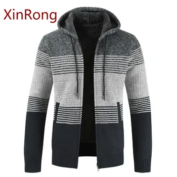 Moške zimske debel toplo hooded jopico pletene trakove volna, podloga zadrga jakno plus žametno barvo ujemanje plašč korejska različica
