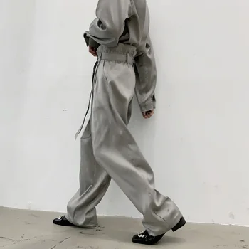 Moški 2 Kos Obleke, Kompleti Moških Dolg Rokav Saten Slog Priložnostne Retro Moda Majica, Širok Noge Pasu Hlače Japonska Ulične Majica