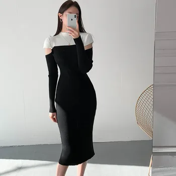 Novo Leto 2020 Jeseni Ženske Obleke Korejski Slim Ženska Elegantna Urad Pleteno Obleko Lady Šivanje, Pletenje, Topel Pulover Obleko Vestidos