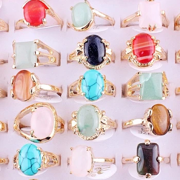 QianBei Moda Mešani Zlata prstana Ženske Multicolor Narave Kamen Obroči Oval Dekleta Debelo Veliko 10pcs Bulks Nakit F