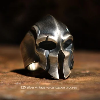 S925 srebro Spartan čelada brez podolgovat pretirana nesramna retro moški odpiranje prstan nastavljiv