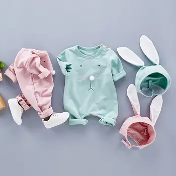 Srčkan Baby Oblačila za Novorojenčka Jumpsuits Baby Dekle Romper Oblačila z Dolgimi Rokavi Zajec Ušesa Klobuk 2pcs Dojenčka Pomladi, Jeseni