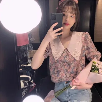 Vintage puff rokav cvetlični bluzo sladko lutka coller ženske kratke poletne vrhovi 2021 novi korejski priložnostne Šifon obleke, ženske Pomlad